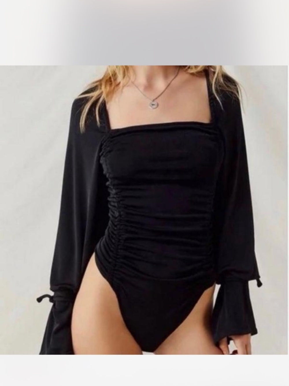 Free People Black Ruched Square-Neck Long-Sleeve Bodysuit
